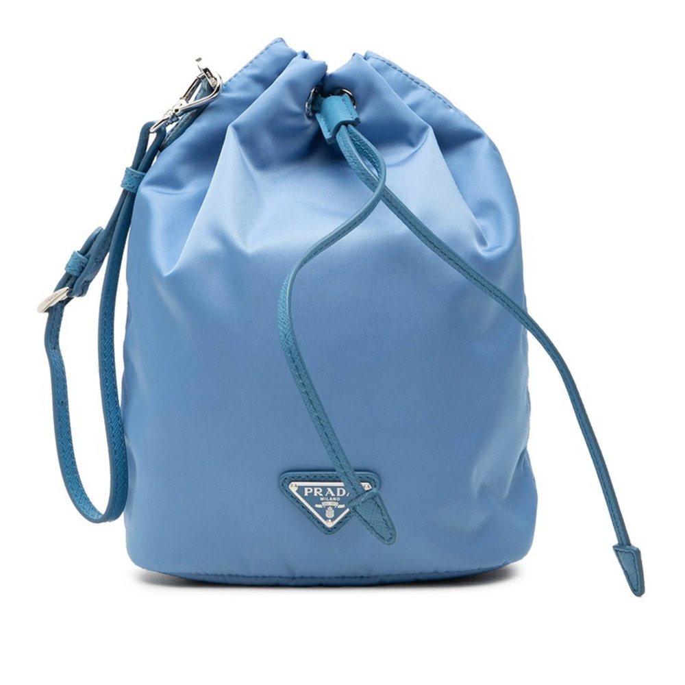 Prada Tessuto Triangle Logo Plate Handbag Pouch Drawstring Blue Nylon Leather...